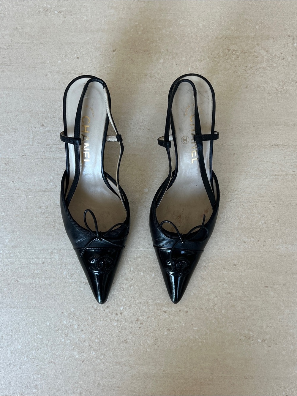 Vintage CHANEL Black Patent Leather Pointed Toe Slingback Heels